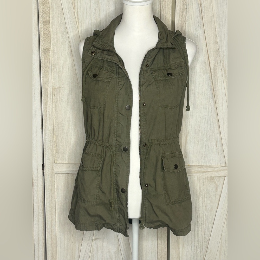 Mudd Army Green Women's Utility Hooded Vest Sz M EUC Gorpcore Military Chore - Picture 6 of 10